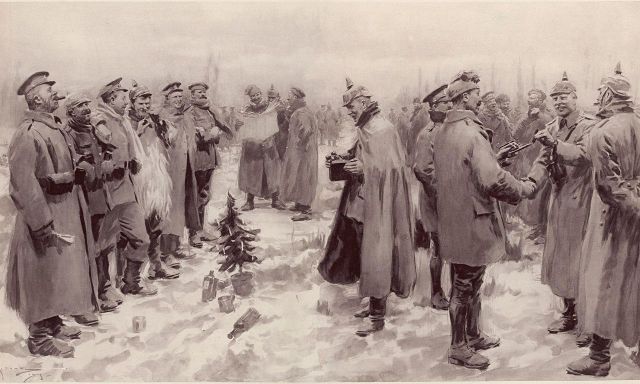  A. C. Michael - The Guardian  Originally published in The Illustrated London News, January 9, 1915. The Illustrated London News's illustration of the Christmas Truce: "British and German Soldiers Arm-in-Arm Exchanging Headgear: A Christmas Truce between Opposing Trenches" The subcaption reads "Saxons and Anglo-Saxons fraternising on the field of battle at the season of peace and goodwill: Officers and men from the German and British trenches meet and greet one another—A German officer photographing a group of foes and friends." (via Wikipedia)