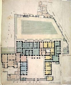  More details The Admiralty complex in 1794. The colours indicate departments or residences for the several Lords of the Admiralty. The pale coloured extension behind the small courtyard on the left is Admiralty House. View author information [Public Domain Uploaded by Ian Dunster]